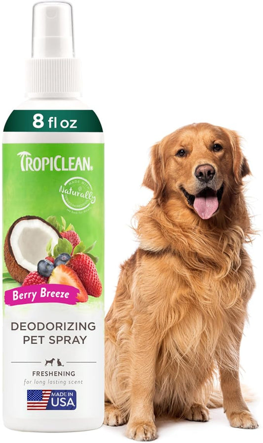 TropiClean Dog Perfume, Long Lasting Berry Cologne, Deodorizing Spray for Smelly Dogs, After Bath Detangling Spray with Vitamin E, Safe for Cats, 8oz.