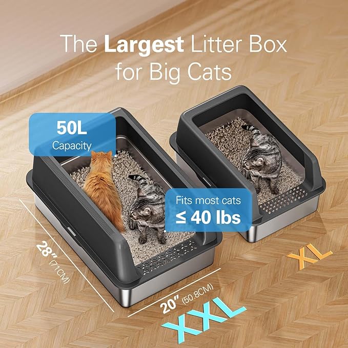 Zarler XXL Stainless Steel Litter Box for Cats, Extra Large Metal Cat Litter Box with Lid, High Sided Non-Stick Design, Leak Proof and Rust Resistant, 28 x 20 x 13 Inches, Grey