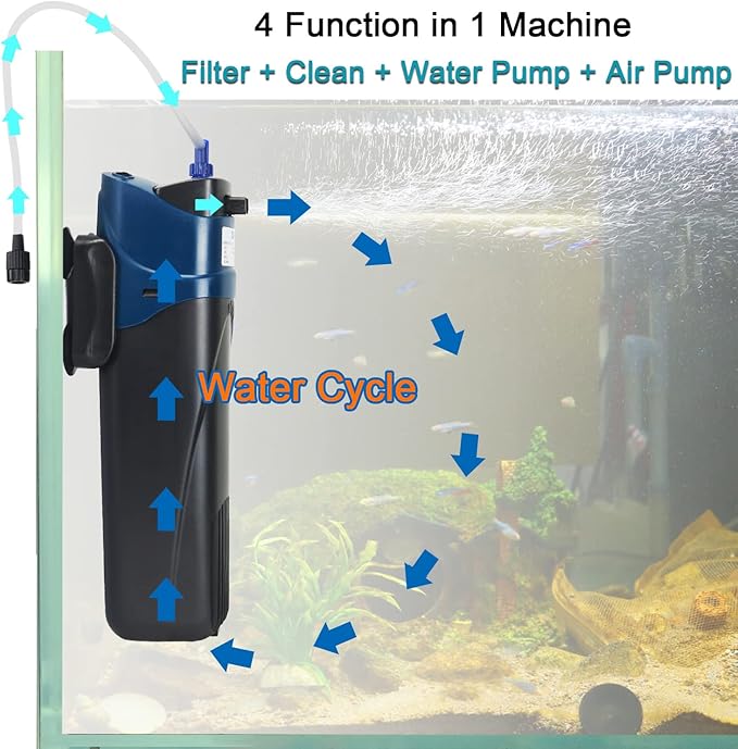 COOSPIDER Fish Tank Filter Sun JUP-02 Aquarium Green Clean Submersible Machine 132gph for 10-40 Gallon Small Fish Tank Internal Submersible Pump for Turtle Tank, Air Supply & Oxygen Enhancement