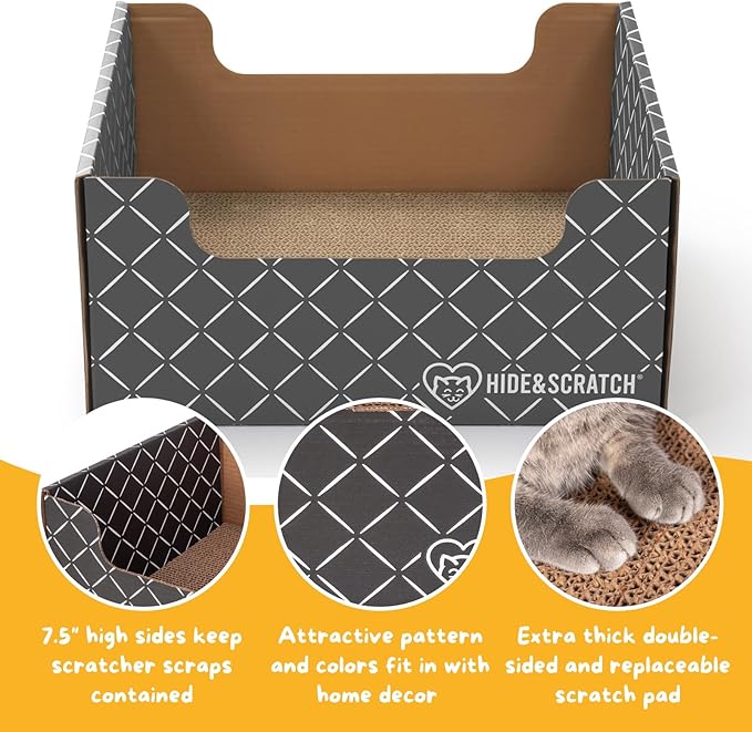 HIDE & SCRATCH Cat Scratcher Box and Cat Bed with Refillable Double-Sided Cardboard Scratch Pad for Indoor Cats