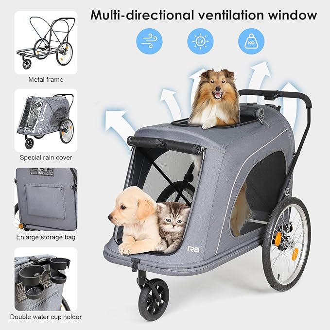 R8 Extra Large Foldable Pet Stroller, Dog Stroller & Pet Trailer for Large Dogs Under 100 lbs, Unmovable, Disabled & Pregnant Dogs - Conveniently Carriable by Bike and Car, Grey