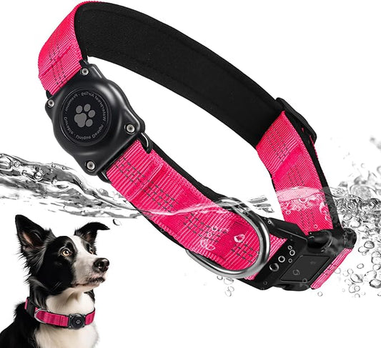 Upgraded AirTag Dog Collar, IP68 Waterproof Air Tag Dog Collar Holder, Reflective, Ultra-Durable, Comfortable Padded, Heavy Duty Dog Collars for Small Medium Large Dogs (XL (15.6"-22"), Hotpink)