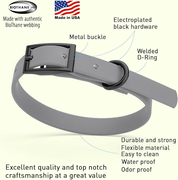 Dogline Biothane Waterproof Dog Collar Strong Coated Nylon Webbing with Black Hardware Odor- Proof for Easy Care Easy to Clean High Performance Fits Small Medium or Large Dogs, Battleship Gray
