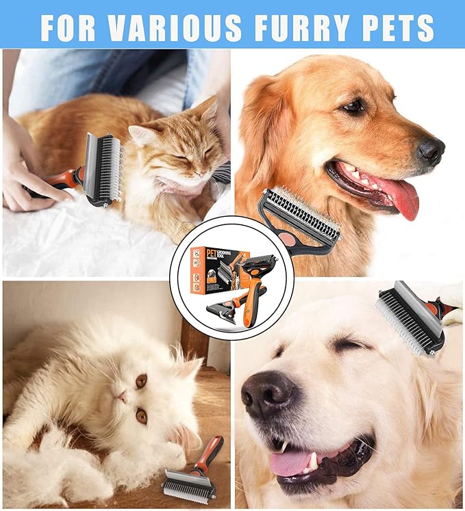 Spring Blossoms-2 in 1 Professional Grooming Rake for Cats & Dogs-Dematting Comb for Easy Mats & Tangles Removing,Pet Brush Safe No More Nasty Shedding and Flying Hair (Orange)