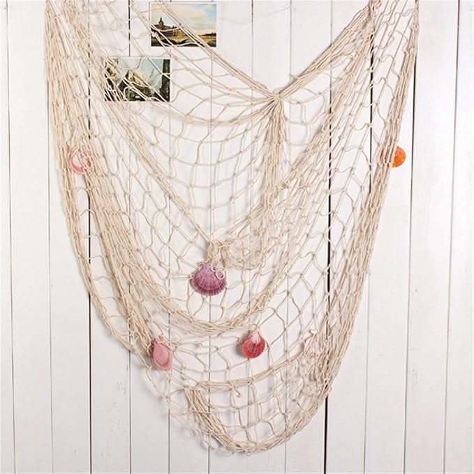 Nature Fish Net Wall Decoration with Shells, Ocean Themed Wall Hangings Fishing Net Party Decor for Pirate Party,Wedding,Photographing Decoration (Fishnet-2pack-Beige)