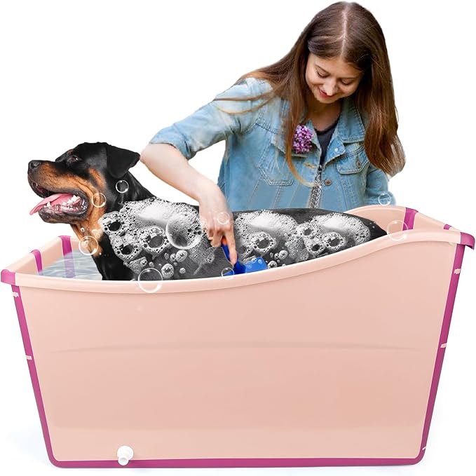 YUEPET Extra Large Foldable Dog Bath Tub for Large Dogs, 49 Gal Portable Dog Bathtub Lightweight Hightened Pet Wash Station with Drain Plug for Big Dogs Indoor/Outdoor Bathing, Camping (Pink)