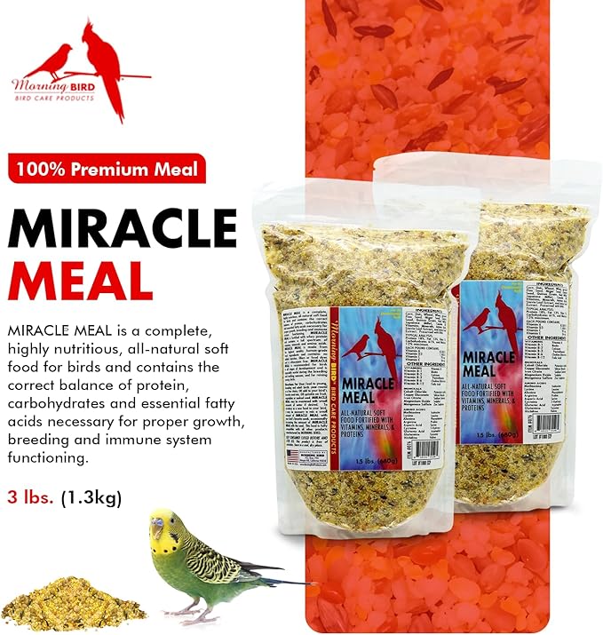 Morning Bird Miracle Meal 3 lbs (2-Pack, 1.5 lbs Each) – Soft Food for Birds with Vitamins & Supplements – Packed with Protein, Minerals & Amino Energy – Promotes Strong Feathers & Overall Wellness