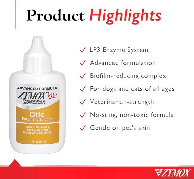 Zymox Advanced Formula Otic Plus Enzymatic Ear Solution for Dogs and Cats Without Hydrocortisone, 1.25oz