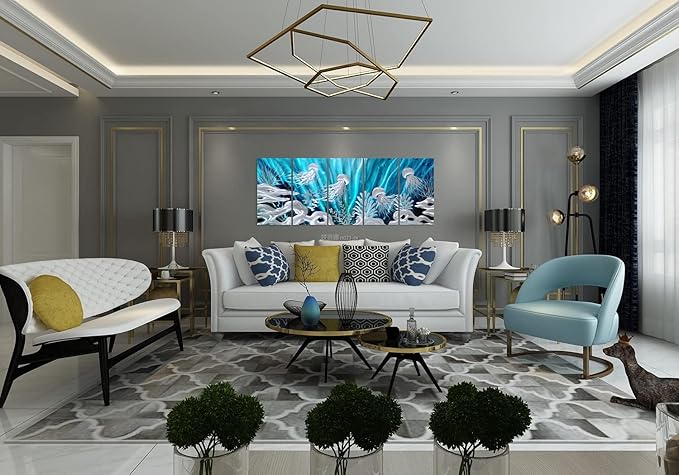 SYGALLERIER Jelly Fish Large Metal Wall Art Hand Grind Aluminum Artwork 3D Undersea World Coastal Pictures Nautical Decor for Living Room Bedroom