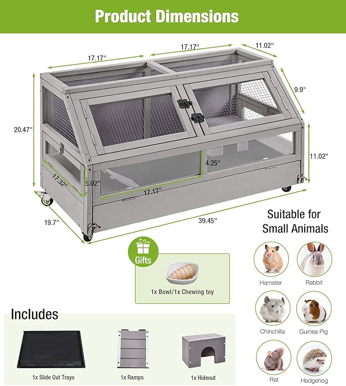 GUTINNEEN Guinea Pig Cage, Hamster Cage with Chew-Proof Aluminum Edges & Leak-Proof PVC Layer, Small Animal Cage with 4-Wheel Design, Acrylic/Mesh Panels for Ferrets, Rats