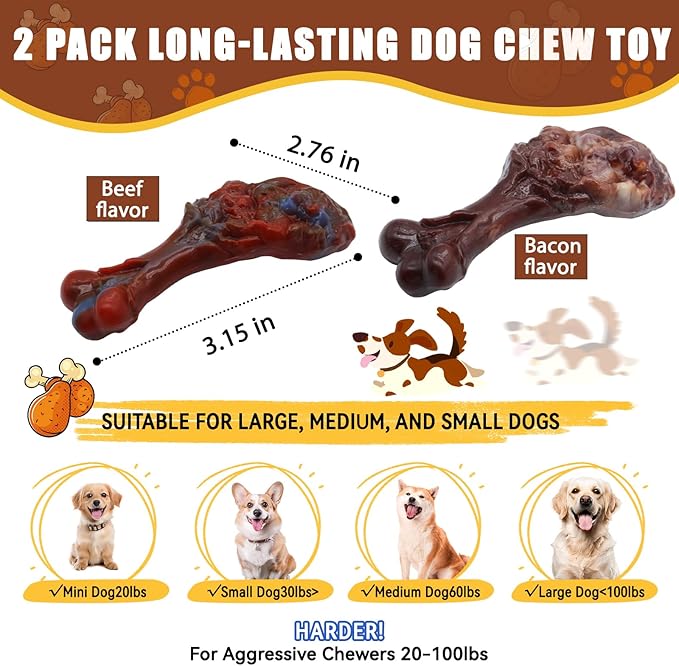 Dog Chew Toys for Aggressive Chewers, Indestructible Dog Toy for for Medium/Large Breed, Tough Nylon Teething Bone Toy to Keep Them Busy,Bacon and Real Beef Flavor (Beef+Bacon Flavor, 2 Pack)
