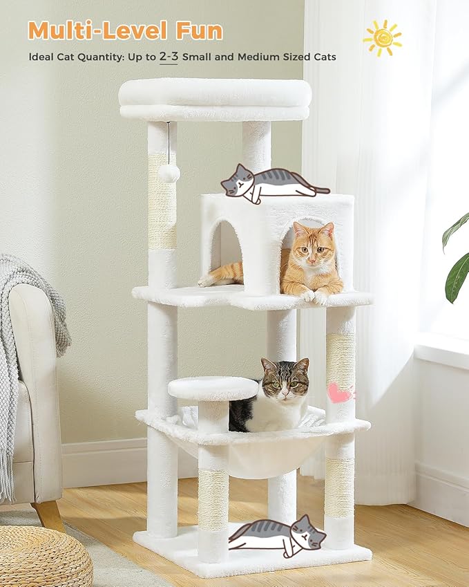 White Cat Tree for Indoor Cats, 45.7" Multi-Level Cat Tower with Large Metal Frame Hammock, Cat Condo with 4 Scratching Posts and Top Perch, White