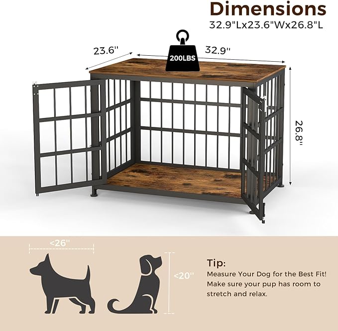 32 Inch Heavy Duty Wooden Dog Kennel End Table with Double Door Design and Secure Locks, Indoor Pet Crate Furniture for Medium Dogs, Decorative Home Cage Design,Aged Black