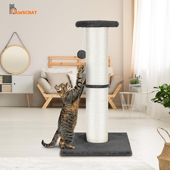 PAWSCRAT Cat Scratching Post 32" Tall, Large Diameter Natural Sisal Cat Scratch Post with Dangling Ball, Scratch-Resistant and Durable Tall Cat Scratcher for Indoor Cats, Protect Your Furniture, Grey