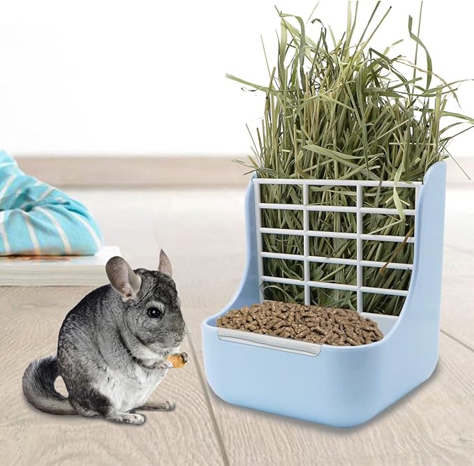 Litewoo Rabbit Hay Feeder Guinea Pig Feeder, 2 in 1 Automatic Small Animal Food Bowl Feeding Cage Accessories (Blue)