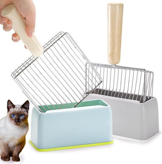 Hiceeden Set of 2 Cat Litter Scoop with Holder, Metal Kitty Litter Scoop Holder with Wooden Handle, Cat Poop Scooper for Kitten Litter Box, Fast Sifting, Gray and Blue