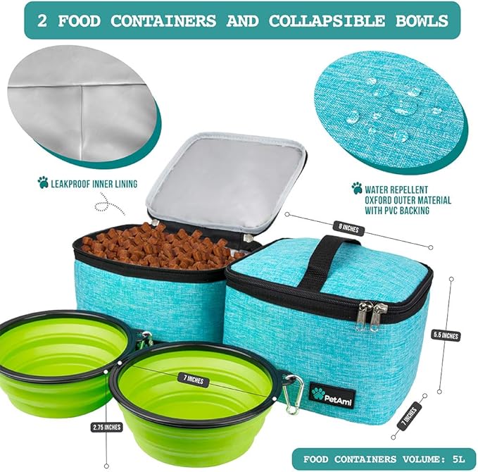 PetAmi Travel Bag Organizer - Dog & Cat Diaper Bag with Food Container and Bowls, Perfect for Weekend Camping (Sea Blue, Large)