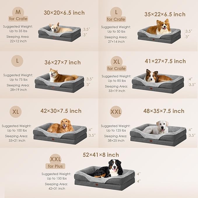 EHEYCIGA Memory Foam Dog Bed for Medium Size, Orthopedic Dog Sofa with Sides and Waterproof Liner, Washable Bolster Pet Couch with Removable Cover, 35x22x6.5 Inch, Grey