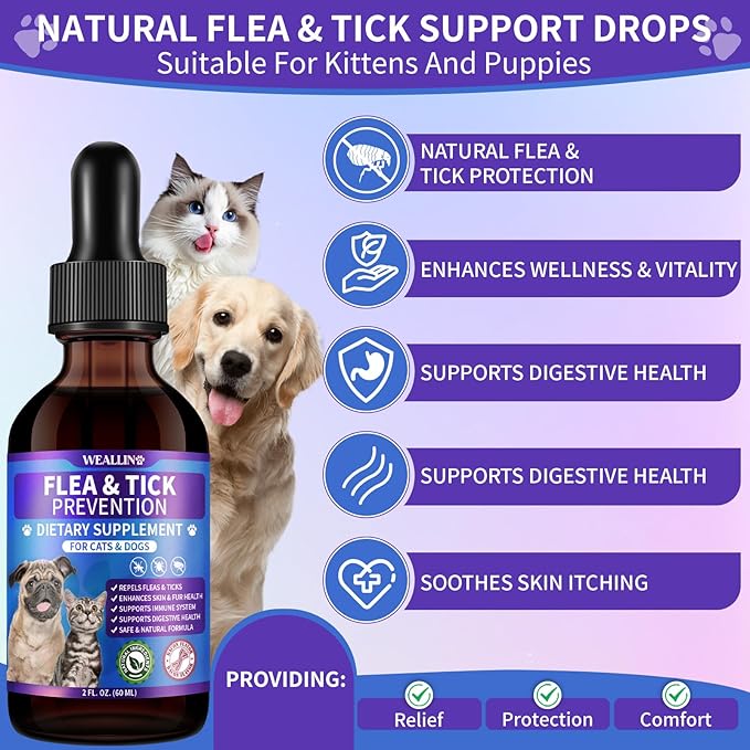 Flea and Tick Prevention Support for Cats and Dogs Natural Flea Treatment Drops with Multivitamin for Pets Oral Natural Supplement Flea and Tick Treatment Drops for All Breeds and Ages
