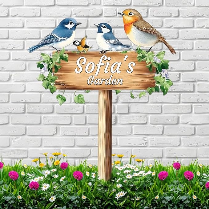 Personalized Colorful Bird Metal Sign with Stake,Custom Gardener Last Name Signs Outdoor Decorate,Customized Garden Accessories Decor for Mother,Birds on the Branch Plaques for Patio Lawn Porch Yard