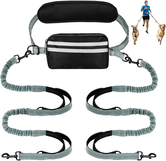 Hands Free Dog Leash with Pouch, Double Leash for Two Dogs, Retractable Bungee with Double Padded Handles, Dog Waist Leash for Dog Walking, Running Leash for Dogs, Dog Walking Accessories