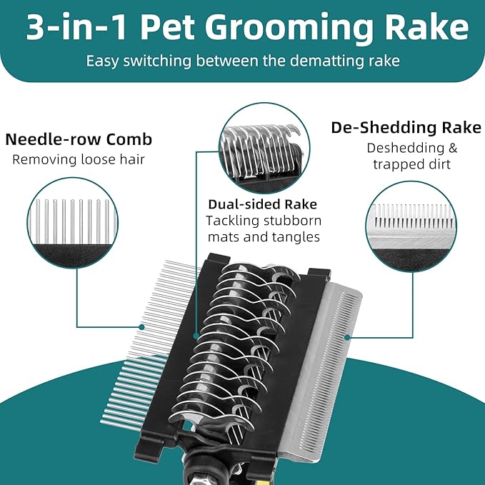 3-IN-1 Pet Grooming Tool - Undercoat Rake, Dematting Comb & Deshedding Brush for Cats & Dogs - Removes Mats, Tangles & Loose Fur, Reduces Shedding & Prevents Hair Mess (Green)