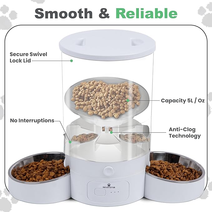 Automatic Cat Feeder for 2 Cats – Dual Food Dispenser with App Control, 5L Capacity (20 Cups), Smart Cat Food Dispenser for Multi Cats, Dual Pet Feeder with Stainless Steel Bowls and WiFi