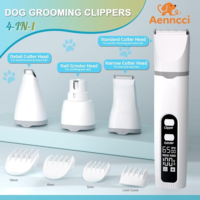 4 in 1 Dog Clippers Grooming Kit with LED Screen, Cordless Quiet Paw Trimmer & Nail Grinder, Rechargeable Waterproof Feet Ear Body Hair Shaver for Cats Dogs Pet Supplies