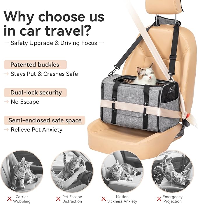 PETSFIT Soft-Sided Cat Carriers & Car Seats with Patent Safe Buckles, Clip-On Harness，18"x11"x11" Airline Approved Pet Carrier - 9 lbs Capacity,Grey