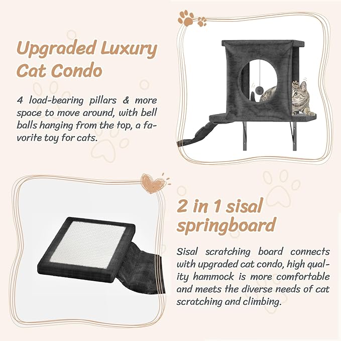 NUNU LAB 7-in-1 Wall Mounted Cat Climber Set, Cat Wall Furniture Set with House, Bridge, Steps, Scratcher Post, DIY Playground, Cat Wall Shelves - Dark Gray