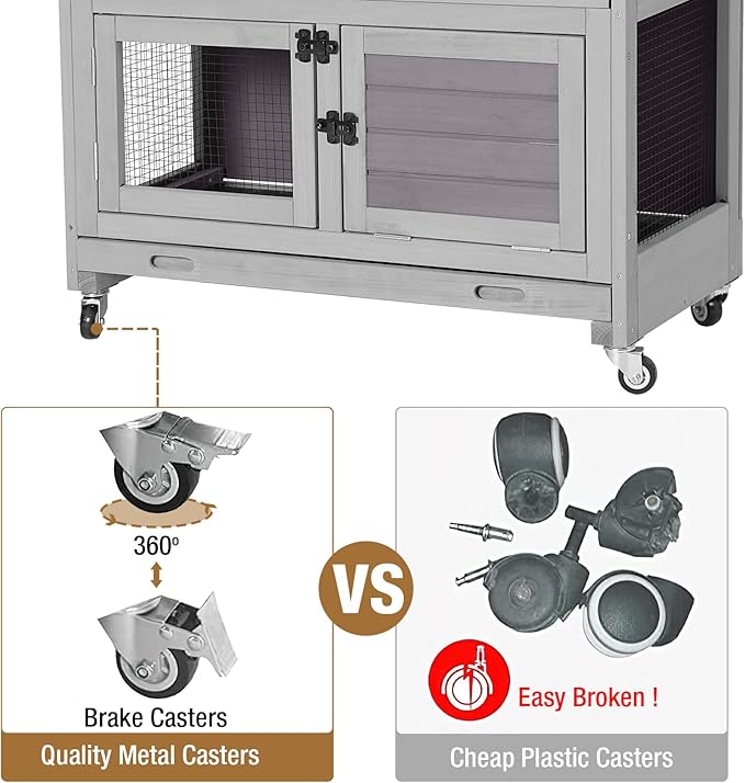 Rabbit Hutch Outdoor Indoor Bunny Cage 2 with Large Pull-Out Trays 2 Story Guinea Pig Cage on Wheels- Move Freely