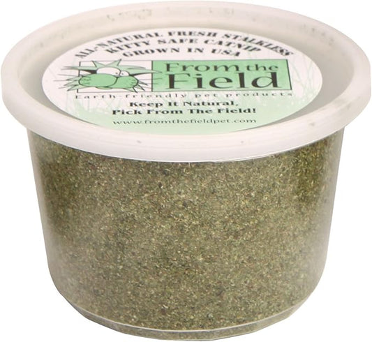 from The Field | Fine Ground Stalkless Catnip | Premium USA-Grown Catnip for Toys & Playtime | Fresh, Potent, Non-Toxic, Eco-Friendly | Safe for Kittens & Cats | Resealable 3.5 oz Tub
