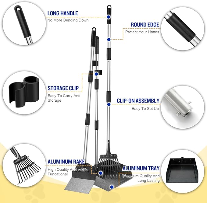 Dog Pooper Scooper for Large Dogs, 3 Pack Adjustable Long Handle Metal Tray, Rake and Spade Poop Scoop with Bin for Pet Waste Removal, No Bending Clean Up for Medium and Large Dogs