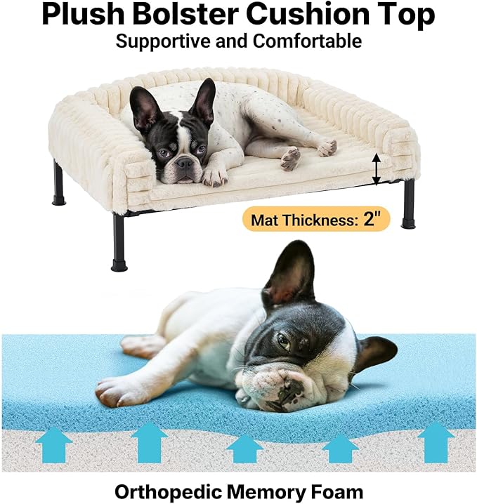 Veehoo Elevated Dog Bed with Bolster Cushion, Fluffy Plush Dog Couch Beds for Small Dogs, Cats, Washable Raised Pet Cot with Non-Slip Feet for Indoor or Patios Use, 36 x 28 Inches, White
