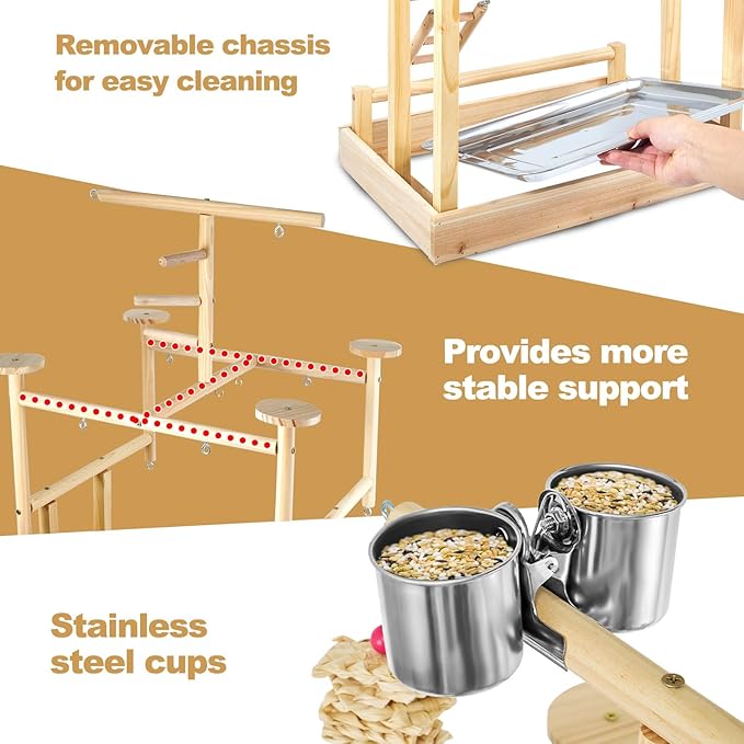 Bird Playground - Natural Wood Parrot Playstand with Perches, Bird Play Gym & Accessories, Removable Tray & 4 Stainless Steel Cups