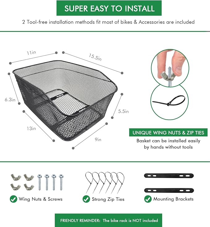 Rear Bike Basket, Tool-Free Install, Dog/Pet Carrier, Ebike Electric Bicycle Back Cargo Basket, Fits Most Rear Racks, with Waterproof Cover, Cargo Net