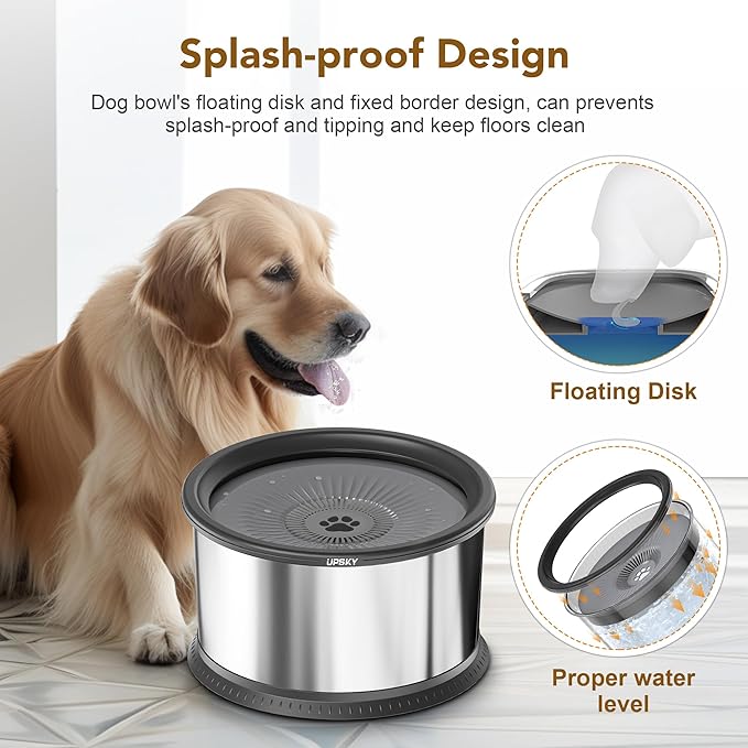 UPSKY 3.5L Dog Water Bowl,Large Capacity No Spill Dog Water Bowl,Stainless Steel Spill Proof Slow Water Feeder,No Splash Water Bowl with Anti-Slip Mat for Messy Drinkers Grey