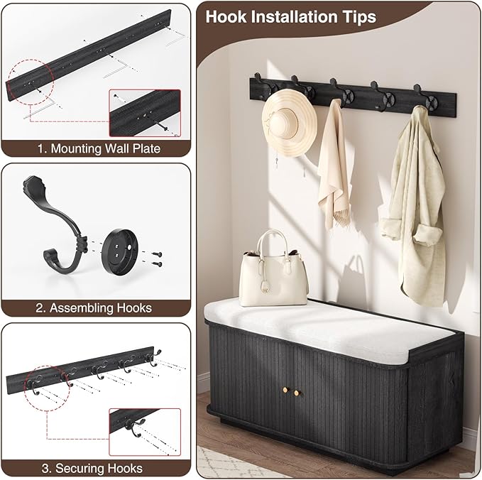 Dark Grey 39.4" W 2-Tier Shoe Bench with Storage | Entryway Bench with Padded Cushion, Sliding Doors & 5 Hooks