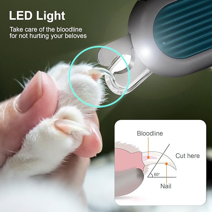 Odoland Cat Nail Clipper with LED Light and Nail File, Dog Claw Trimmer with Bright Light to Avoid Excessive Cutting - Pet Grooming Tool for Tiny Dog Cat Kitten Bunny Rabbit Blue