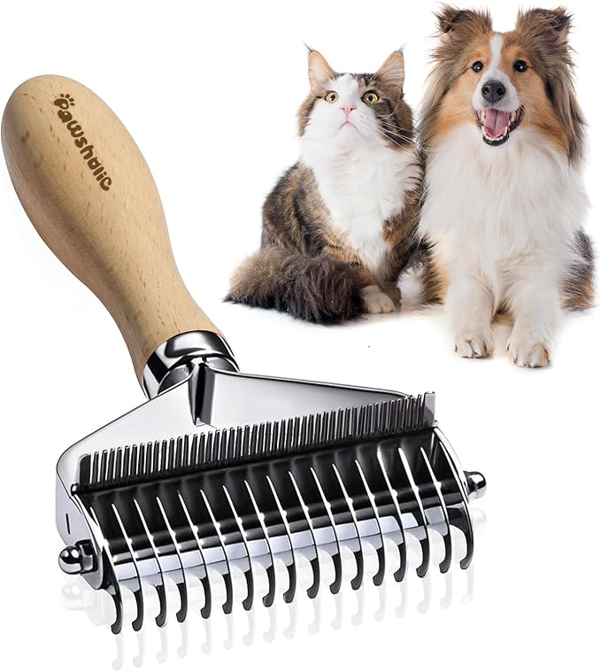 3-in-1 Professional Pet Shedding Dematting Comb - Deshedding Undercoat Rake for Dogs with Stainless Steel Blades Metal Pet Brush with Wood Handle Matted Hair Detangling Thinning and Shedding