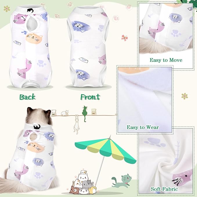 Nuanchu 3 Pieces Cat Recovery Suit Kitten Recovery Suit E-Collar Alternative for Cats and Dogs Abdominal Skin Anti Licking Pajama Clothes Sets(Cute Pattern,Large)