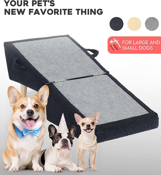 Dog Stairs for Small Dogs and Cats – 2-in-1 Dog Ramp for Bed and Couch, 16.5'' Foldable Wooden Pet Steps, Sturdy Multi-Use Split Ottoman Design, Dark Blue