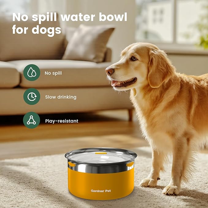 Gardner Pet Dog Bowls 1 Gallon (3.85L) Stainless Steel No Spill Dog Water Bowl, Slow Water Feeder Metal Bowls, Spill Proof Water Dispenser for Large Dogs, Promotes Healthy Hydration