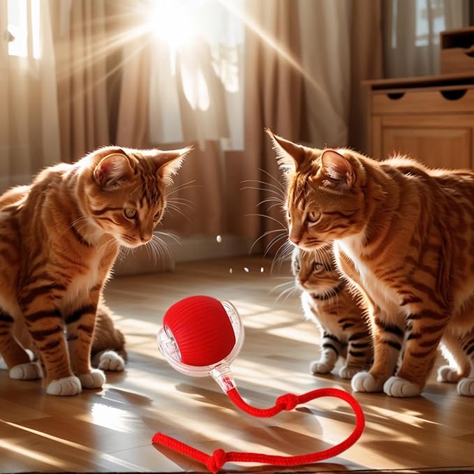 Electric Cat Toy - Automatic Rolling cat Toy with Motion sensors, Designed for Indoor Cats, Suitable for Solo Play (USB Rechargeable) (Red)