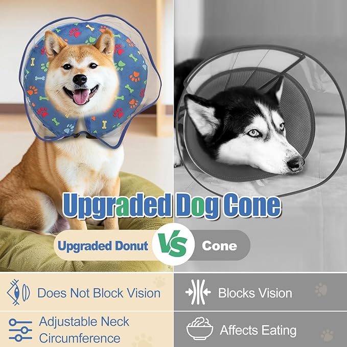 Inflatable Dog Cone Collar, Adjustable Size Soft PVC 2-in-1 Dog Donut Collar After Surgery with Detachable, Inflatable Collar for Small Medium Large Dogs and Cats (Blue, L)