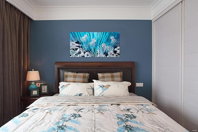SYGALLERIER Jelly Fish Large Metal Wall Art Hand Grind Aluminum Artwork 3D Undersea World Coastal Pictures Nautical Decor for Living Room Bedroom