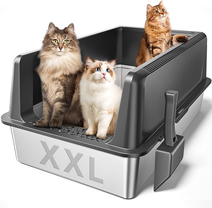 Zarler XXL Stainless Steel Litter Box, Extra Large Cat Litter Boxes 27.8" L x 20" W x 12.9" H, Metal Litter Box with Lid for Multiple Cats, High Sided, Non-Sticky, Anti-Urine Leakage (Grey)