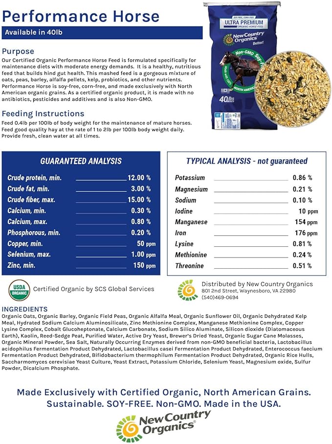 New Country Organics | Performance Horse Feed for Horses in Light to Moderate Work | Corn-Free and Soy-Free | 12% Protein | Certified Organic and Non-GMO | Horse Feeder with Grains & Oats 40 lbs
