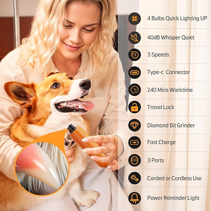 YABIFE 4-Lights Dog Nail Grinder, Easy Quick Locate Dog Nail Trimmers, for Puppy Paw Toenails or Pets from Small, Medium to Large, with Travel Lock, Whisper Quiet, Heavy Duty 3 Speeds