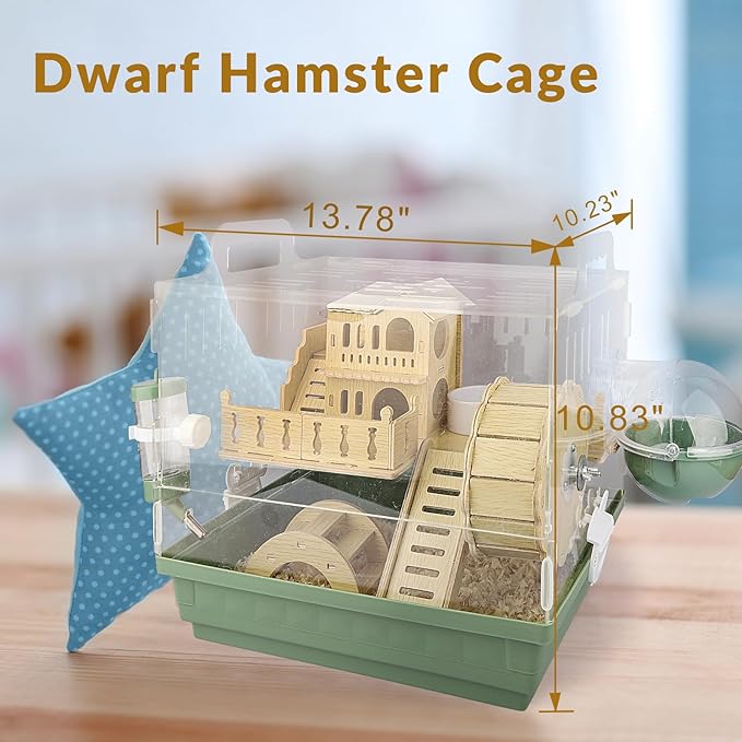 Cycodo 8 in 1 Acrylic Hamster Cage,2-Tier Dwarf Hamster Cage with Wooden Wheel & Hideout,Small Hamster Habitat with Accessories,Clear Pet Mice House(Green,14" L*10" W*11" H)